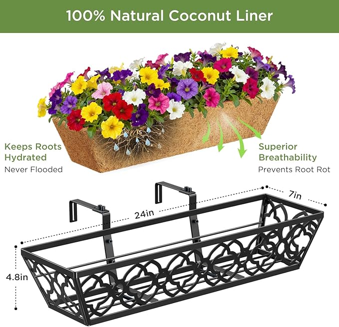 Y&M 24" Window Boxes Horse Trough with Coconut Coir Liner, 2pcs 24 Inch Window Deck with Coco Liner, Black Metal Hanging Flower Planter Window Basket Deck Railing Planter Boxes for Outdoor Indoor Lawn