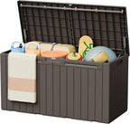 Greesum 110 Gallon Outdoor Storage Box with Lockable Lid, All-Weather Solution for Patio Furniture, Pool Supplies & Garden Tools, Waterproof, UV-Resistant Large Deck Box, Brown
