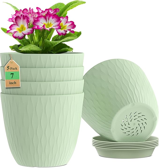 7 inch Flower Pots, 5 Pack Plant Pots with Drainage Holes and Saucers for Indoor Plants, Plastic Planters with Water Ripple for Small Garden House Plants, Nursery Pots for Succulent, Green