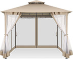 COBIZI Gazebo 10x10 Heavy Duty Gazebos with Improved Nettings Outdoor Gazebo Double Roof Patio Gazebos with Metal Steel Frame Outdoor Canopy for Patio, Deck, Backyard (Khaki)