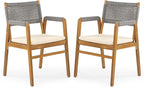Christopher Knight Home Pasco Acacia Wood Outdoor Dining Table Set for 6, Wicker Patio Dining Set with Acacia Wood Table and Bench, Patio Table and Chair Set with Cushion+Rope Backrest, Teak+Grey