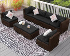 NICESOUL 8 Seater Modern Backyard Furniture Set, 29.3'' High Back Luxury Comfy Brown Wicker Patio Conversation Set with Ottoman, Deep and Wide Sofa Sectional for Exteriors, Dark Brown & Grey