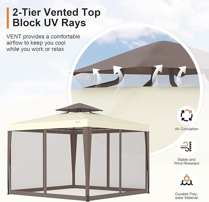 Patio Gazebo Tent Outdoor Canopy Shelter 10'x10' with Removable Netting,100 Square Feet of Shade for Garden, Backyard Deck and Lawns (Beige)
