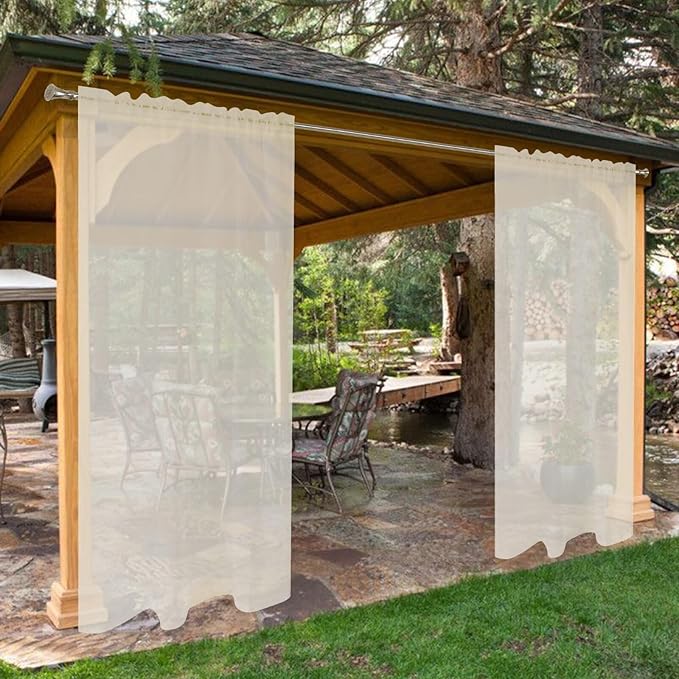 SpaceDresser Waterproof Outdoor Sheer Curtains for Patio - 4 Panels Rod Pocket Indoor Voile Sheer Curtain for Living Room,52W x 96L inch, Ivory