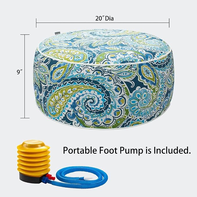 Ottoman Pouf, Inflatable 20-Inch Round Footrest, Water Repellent Polyester