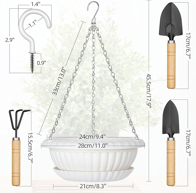 Hanging Planters, 5 Pcs 11" Hanging Pots, White Hanging Flower Pots, Hanging Plant Pots Baskets for Plants with Drainage Trays, Hanging Chains and Ceiling Hooks, Come with Free Garden Tools Set