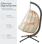 SWITTE Double Hanging Egg Chair with Stand, Outdoor Patio 2 Person Wicker Hammock Swing Chairs with Cushion Loveseat for Indoor Bedroom, Lawn, Garden-Beige