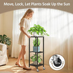 LASZOLA 3 Tier Black Metal Plant Stand Indoor Outdoor with Wheel for Large Planter, Modern Heavy Duty Tall Rolling Rack for Corner House Bathroom Patio Floor, Iron Flower Shelf Holder for Orchid Fern