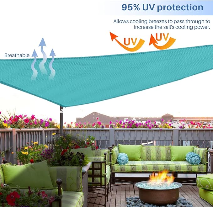E&K Sunrise 25' x 25' x 25' Sun Shade Sail Triangle Canopy Shade Cover UV Block for Patio Backyard Garden Outdoor (Turquoise)