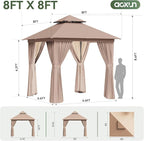AOXUN Outdoor Gazebo for Patio 8x8 Metal Frame Canopy with Double Roofs Heavy Duty Party Tent and Shelter with Mosquito Netting and Privacy Screen for Backyard, Lawn, Garden, Deck (Khaki)