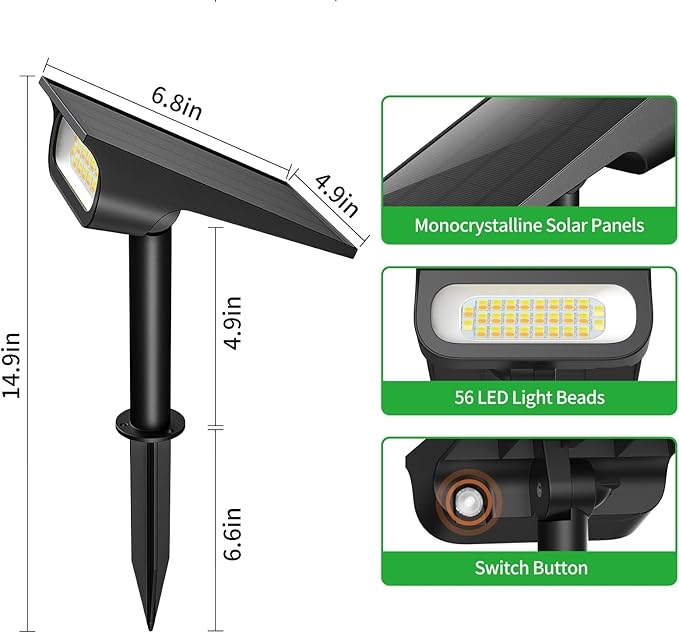 Solar Light Outdoor Waterproof IP65, 56 LED 3 Color Modes Solar Spot Lights Outdoor, Solar Powered Garden Lights for Outside Landscape Pathway Yard House Patio Garage Driveway Tree, 2Pack