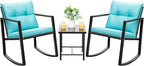 Devoko 3 Piece Rocking Bistro Set Wicker Patio Outdoor Furniture Porch Chairs Conversation Sets with Glass Coffee Table (Blue)