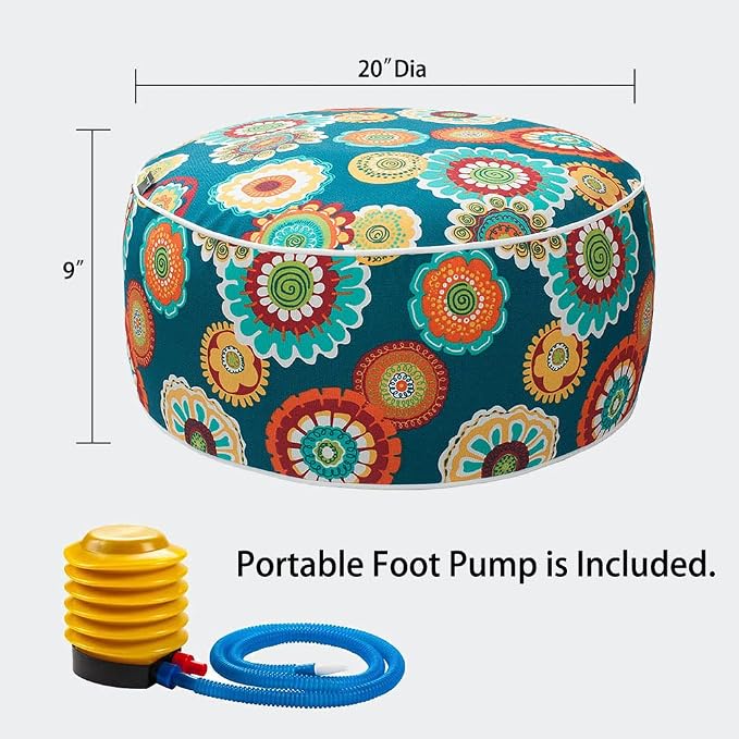 Ottoman Pouf, Inflatable Round Footstool, Water-Repellent, Floral Green