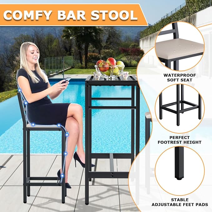 3-Piece Outdoor Bar Set with 50-Inch Table and 2 Cushioned Metal Stools