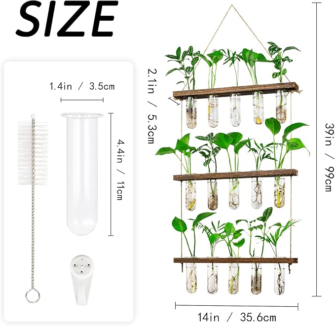 Terrarium Hanging Propagation Station, 3-Tier Wood Frame, 15 Glass Tubes