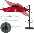 Best Choice Products 10x10ft Cantilever Patio Umbrella w/Base Included, Solar LED Lights 360 Rotation Large Offset Hanging Outdoor Shade for Deck Pool Backyard w/Stand – Red