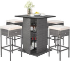 Tangkula 5 Piece Outdoor Rattan Bar Set, Patio Bar Furniture with 4 Cushions Stools and Smooth Top Table with Hidden Storage Shelf, Outdoor Conversation Set for Poolside, Backyard, Lawn (Grey-White)