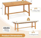Tangkula 3 Piece Patio Dining Set for 4 People, 63” Outdoor Acacia Wood Rectangular Table with 1.97” Umbrealla Hole & 2 Cushioned Bench, for Deck Yard and Poolside