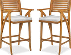 Best Choice Products Set of 2 Outdoor Acacia Wood Bar Stools Bar Chairs for Patio, Pool, Garden w/Weather-Resistant Cushions - White Sand