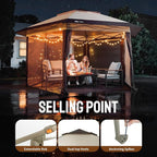 CROWN SHADES 13x13 Pop Up Gazebo with Mosquito Nettings, Patented Center Lock 6-Sided Portable Gazebo, 300D Silver-Coated Fabric UV Resistant, Pop Up Canopy Tent for Patio, Party, Beige&Coffee