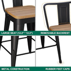 WENTMENT Metal Bar Stools Set of 4 Counter Height Barstools with Removable Back 24" Kitchen Bar Stools with Wooden Seat, Black