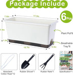 Window Box Planter 6 Pcs, 17 Inches Rectangle Flower Pots with Drainage Holes and Trays, Vegetable Planters for Windowsill Patio Garden Balcony Home Porch Yard Indoor Outdoor (White, 17*7.4*7.8 inch)