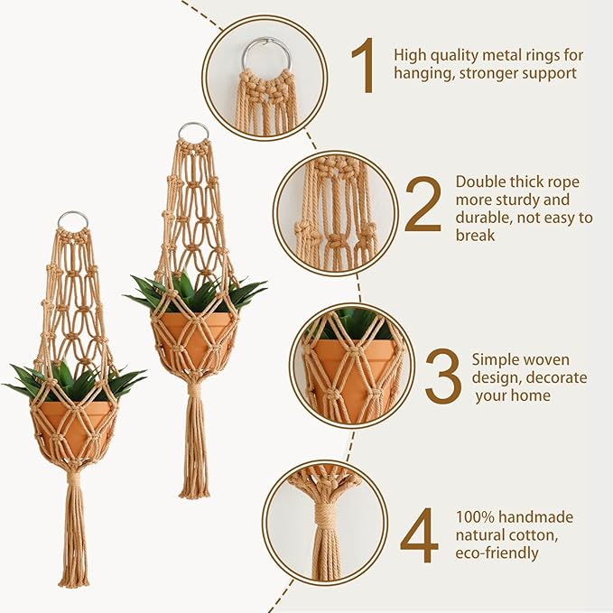 Artilady Hanging Planter for Indoor Plants Macrame Plant Hanger Large Hanging Plant Holder Brown Plants Basket White Rope Boho Original Wall Decor (Brown Plant Hanger-2pcs)