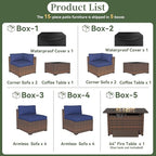 Aoxun 15 Piece Patio Furniture Set with 44” Fire Pit Table Wicker Rattan Outdoor Sectional Sofa Set with Coffee Table and Thickened Cushions, Blue (Waterproof Cover Included)