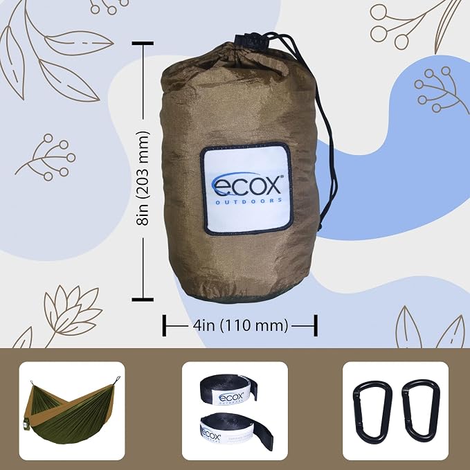 Hammock, Single Parachute Nylon with Tree Straps in Green-Brown