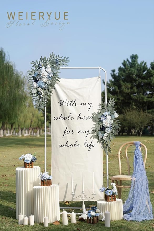 Blue Silk Rose Wedding Arch Swags, 2-Piece Set with Ties and Clips