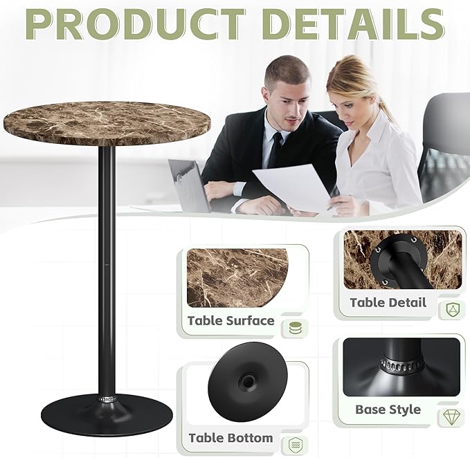 Flamaker Round Bistro Pub Table Modern Style Metal Base MDF Top Cocktail Bar Table Counter Bar Height for Pub, Dining Room, Party (2, Marble-Black)