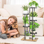 iDavosic.ly 5 Tier Plant Stand Indoor Outdoor, Tiered Corner Multiple Flower Pot Holder Shelf, Metal 37 Inch Tall Display Rack for Patio Porch Living Room Garden Balcony, Modern Black & Rustic Brown