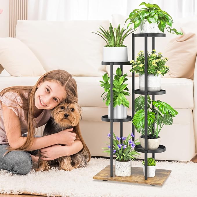 iDavosic.ly 5 Tier Plant Stand Indoor Outdoor, Tiered Corner Multiple Flower Pot Holder Shelf, Metal 37 Inch Tall Display Rack for Patio Porch Living Room Garden Balcony, Modern Black & Rustic Brown