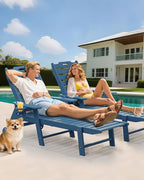 Carauci Lounge Chair Outdoor Set of 2, HDPE Chaise Lounge with Wheels, 5-Position Adjustable Backrest & 2 Cup Holders Patio Lounge Chair, All-Weather Pool Sun Lounger for Poolside, Backyard, Blue