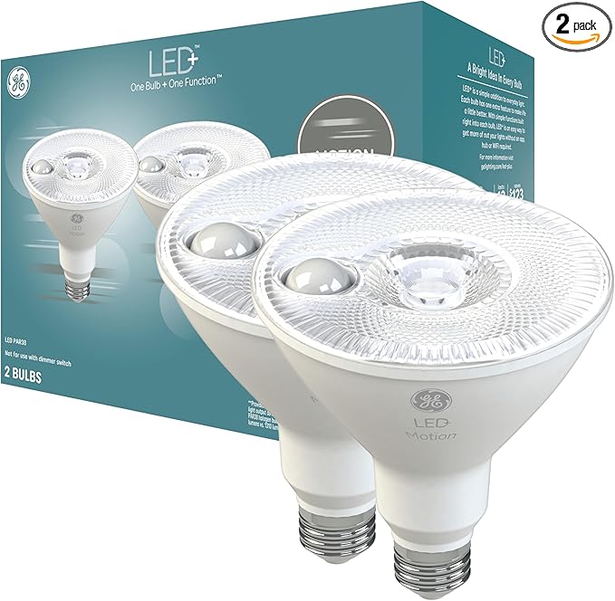 GE LED+ Motion Sensor LED Light Bulbs, 14W, PAR38 Outdoor Security Floodlights, Warm White, CAC (2 Pack)