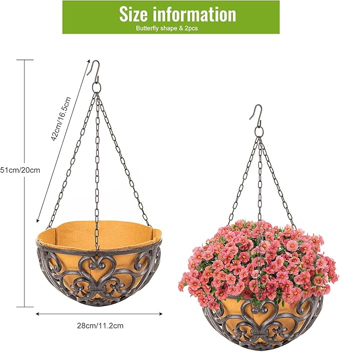 Hanging Planters, 2-Pack Rustic Brown Cast Iron Baskets with Fiber Liner