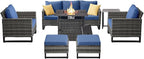 Belord 7 Pieces Patio Furniture Set with 50000BTU Propane Fire Pit Table: Wicker Patio Conversation Set with Outdoor Club Chairs Patio Couch Metal Side Table, All Weather Brown Rattan