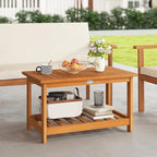 Tangkula Outdoor Acacia Wood Coffee Table, Patio 29.5” Rectangle Slatted 2 Tier Coffee Table with Storage Shelf, for Outside Balcony Patio Poolside