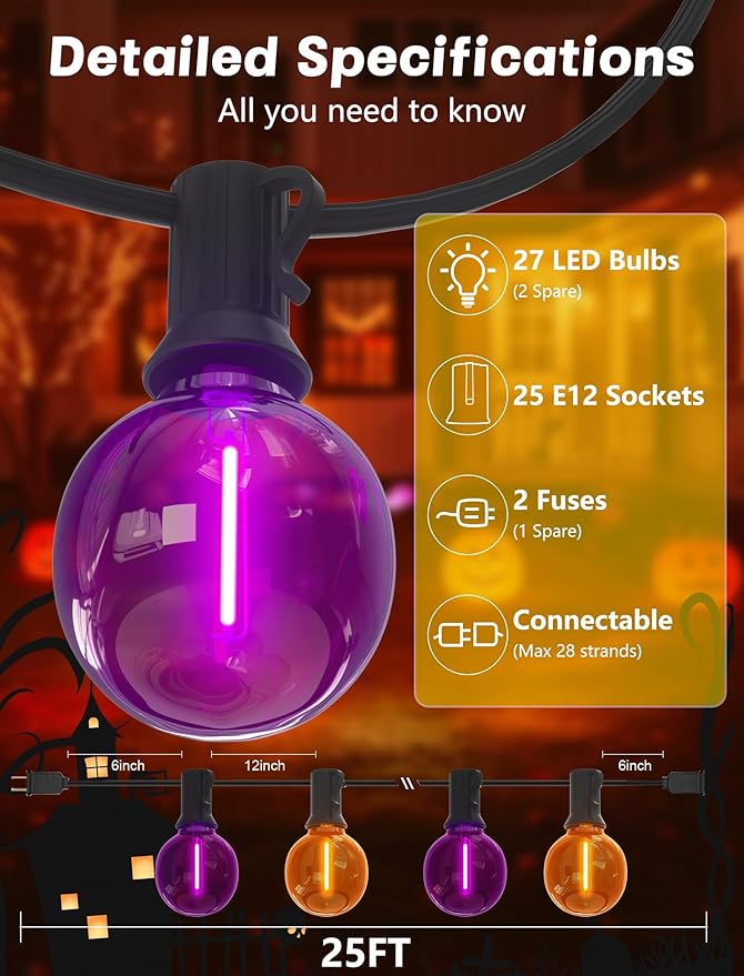 String Lights, 25 FT G40 LED Globe Lights with Orange and Purple Bulbs