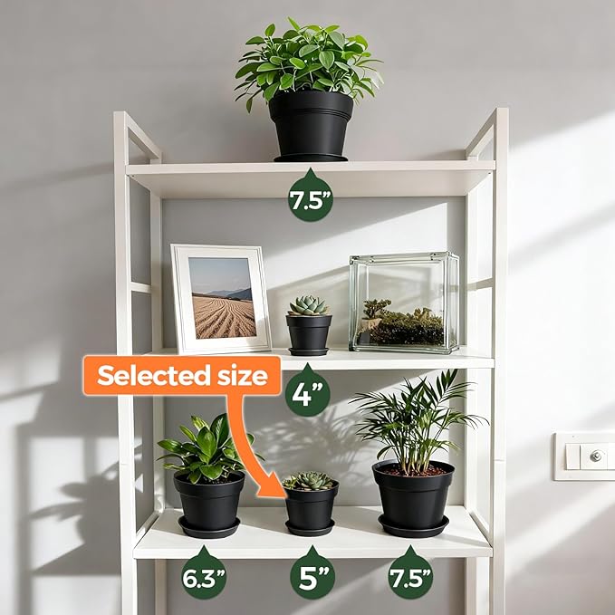T4U 5 Inch Plant Pot 8-Pack, Plastic Pots with Drainage Hole and Saucer, Decorative Flower Pots Bulk for African Violet, Snake Plant, Succulent and All House Plants Indoor (8pcs 5" Pots, Black)