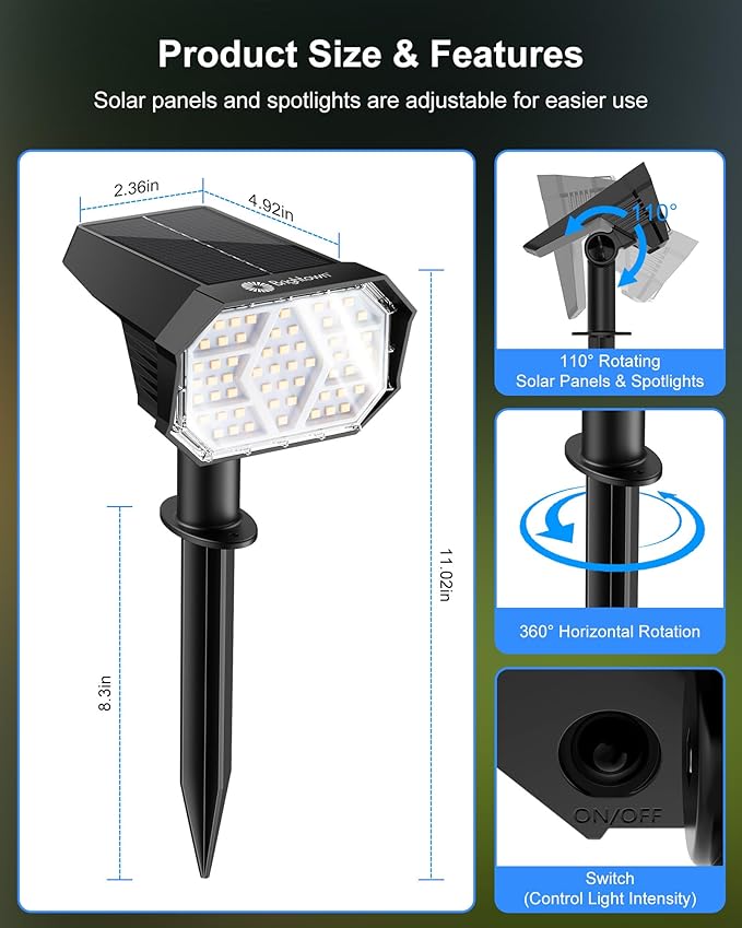 Brightown 4Pack Solar Spot Lights Outdoor with 58 LED & 1800mAh, IP67 Solar Lights Outdoor Waterproof with 3 Light Modes, 2-in-1 Dual Use Outdoor Solar Lights for Yard, Garden and Pathway (Cool White)