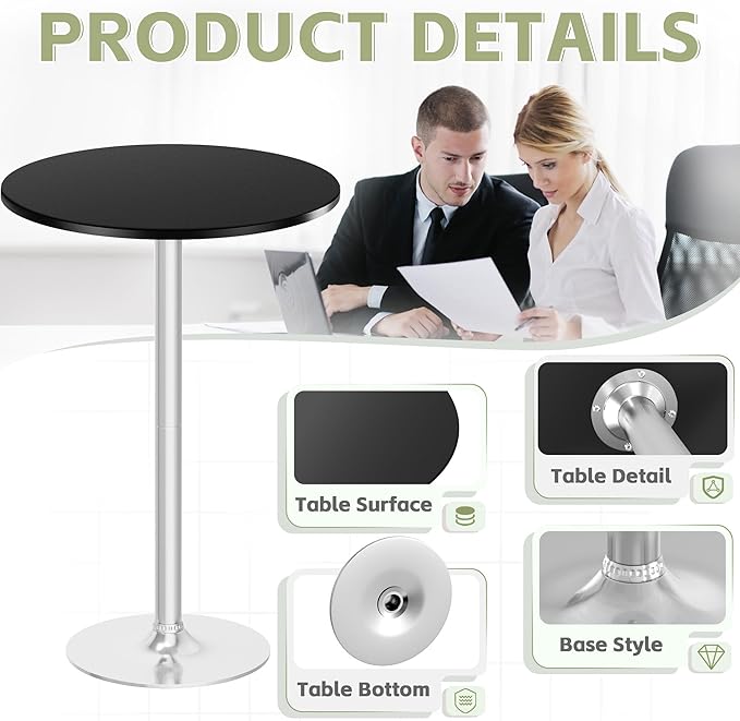 Flamaker Round Bistro Pub Table Modern Style Metal Base MDF Top Cocktail Bar Table Counter Bar Height for Pub, Dining Room, Party (2, Black-Silver)
