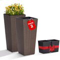 Idzo All Weather Wicker Planters for Outdoor Plants Set of 2, 24 inch Tall Planter for Front Porch, Patio, Balcony, Indoor Usage - Square Rattan Flower Pots, Mocha