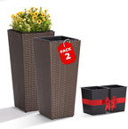 Idzo All Weather Wicker Planters for Outdoor Plants Set of 2, 24 inch Tall Planter for Front Porch, Patio, Balcony, Indoor Usage - Square Rattan Flower Pots, Mocha