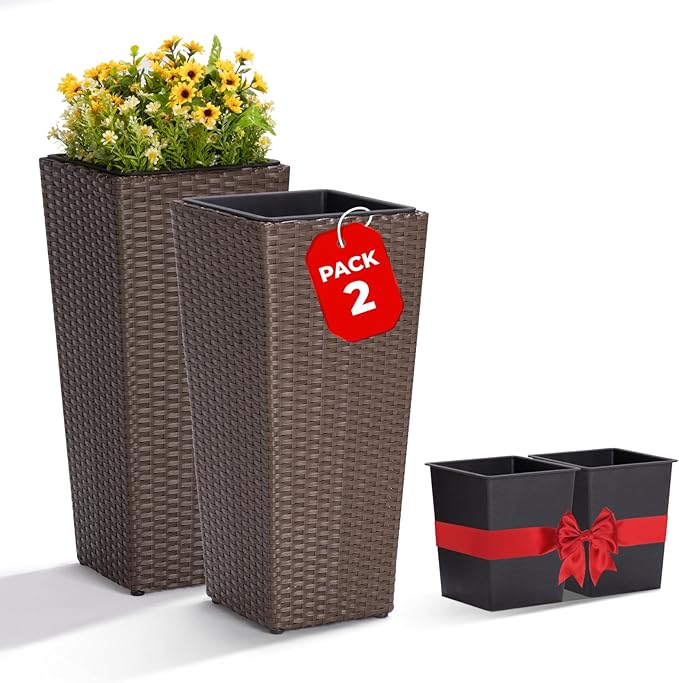 Idzo All Weather Wicker Planters for Outdoor Plants Set of 2, 24 inch Tall Planter for Front Porch, Patio, Balcony, Indoor Usage - Square Rattan Flower Pots, Mocha
