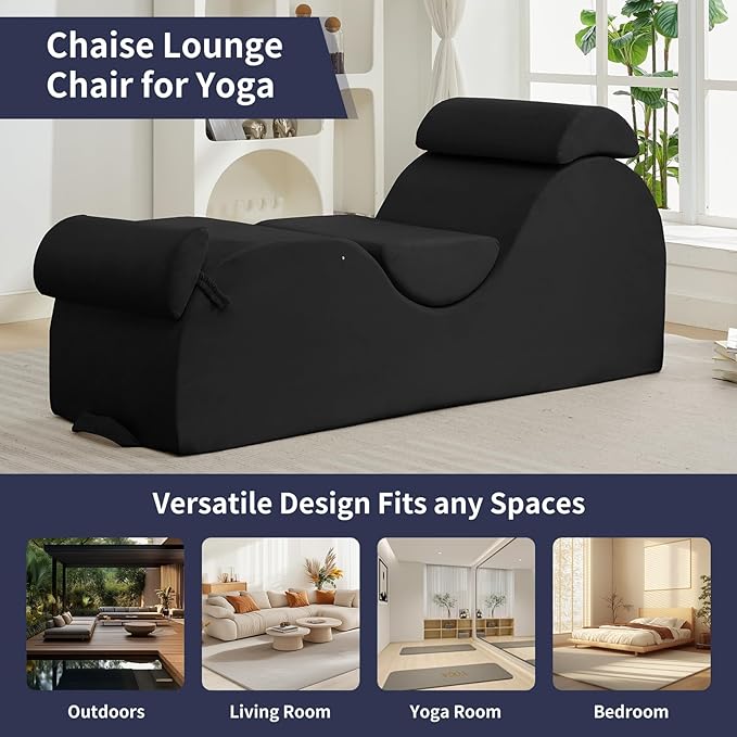 ijuicy Sleek Chaise Lounge Chair for Exercise/Yoga, Indoor Lounger with Headrest, Waist Cushion, Movable Footrest, Side Pockets, Non-Slip Bottom, High Density Sponge, Black