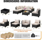 8 Pieces Patio Furniture Set All-Weather Outdoor Wicker Sectional Conversation Sofa Rattan Patio Seating Sofa with Cushion and Glass Table for Porch Poolside,Beige