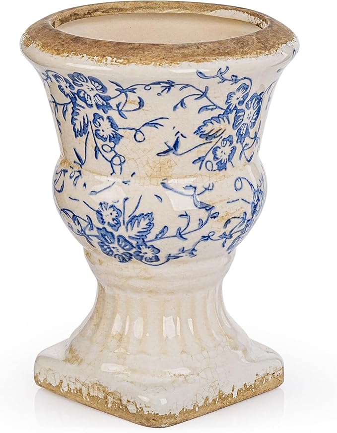 Sungmor Small Ceramic Urn Planter - Blue and White Floral Pedestal Flower Pot, Decorative Vintage Chinoiserie Style Planters, Tuscan Accent Vase Indoor Outdoor Plant Holder with Drainage