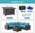 Kullavik 7 Pieces Outdoor Patio Furniture Set with 43" 55000BTU Gas Propane Fire Pit Table PE Wicker Rattan Sectional Sofa Patio Conversation Sets,Blue