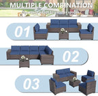 ALAULM 6 Pieces Patio Furniture Set, Oversized Seat/Armrest and High Back Wicker Sectional Furniture Set with Thick Cushion for Backyard, Garden, Navy Blue